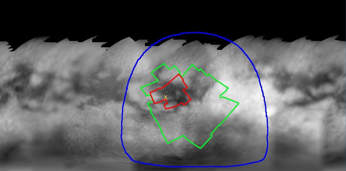 This map of Titan's surface, generated from images taken during NASA's Cassini spacecraft approach to Saturn, illustrates the imaging coverage planned during Cassini's first very close Titan flyby on Oct. 26, 2004.