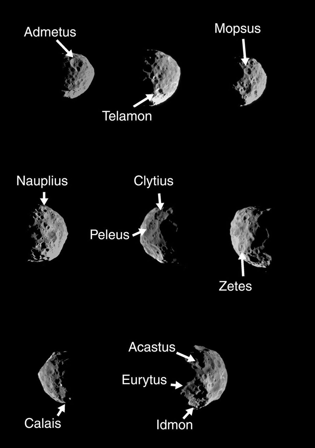 These two montages of images of Saturn's moon Phoebe, taken by NASA's Cassini spacecraft in June 2004, show the names provisionally assigned to 24 craters on this Saturnian satellite by the International Astronomical Union.