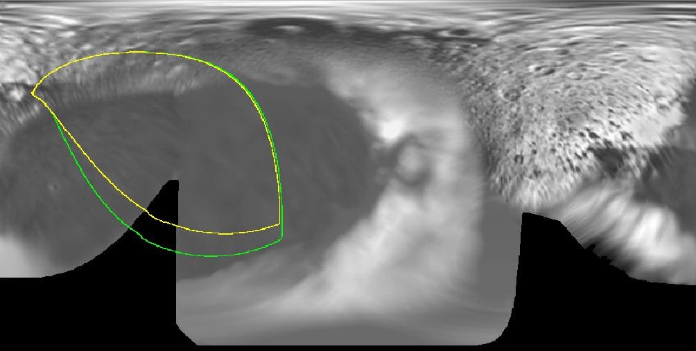 This map of the surface of Saturn's moon Iapetus, generated from images taken by NASA's Voyager spacecraft, illustrates the imaging coverage planned during Cassini's flyby on Dec. 31, 2004.