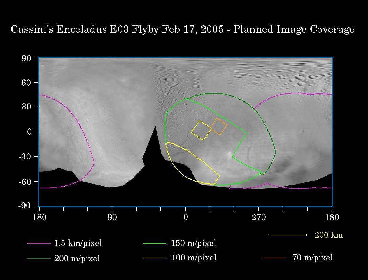 This map of the surface of Saturn's moon Enceladus illustrates the regions that will be imaged by NASA's Cassini spacecraft during the first very close flyby of the moon on Feb. 17, 2005.