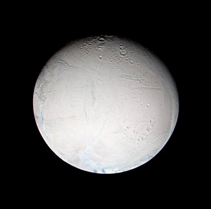 This false-color image captured by NASA's Cassini spacecraft shows that some of the linear features on Enceladus have a slightly different color from their surroundings.