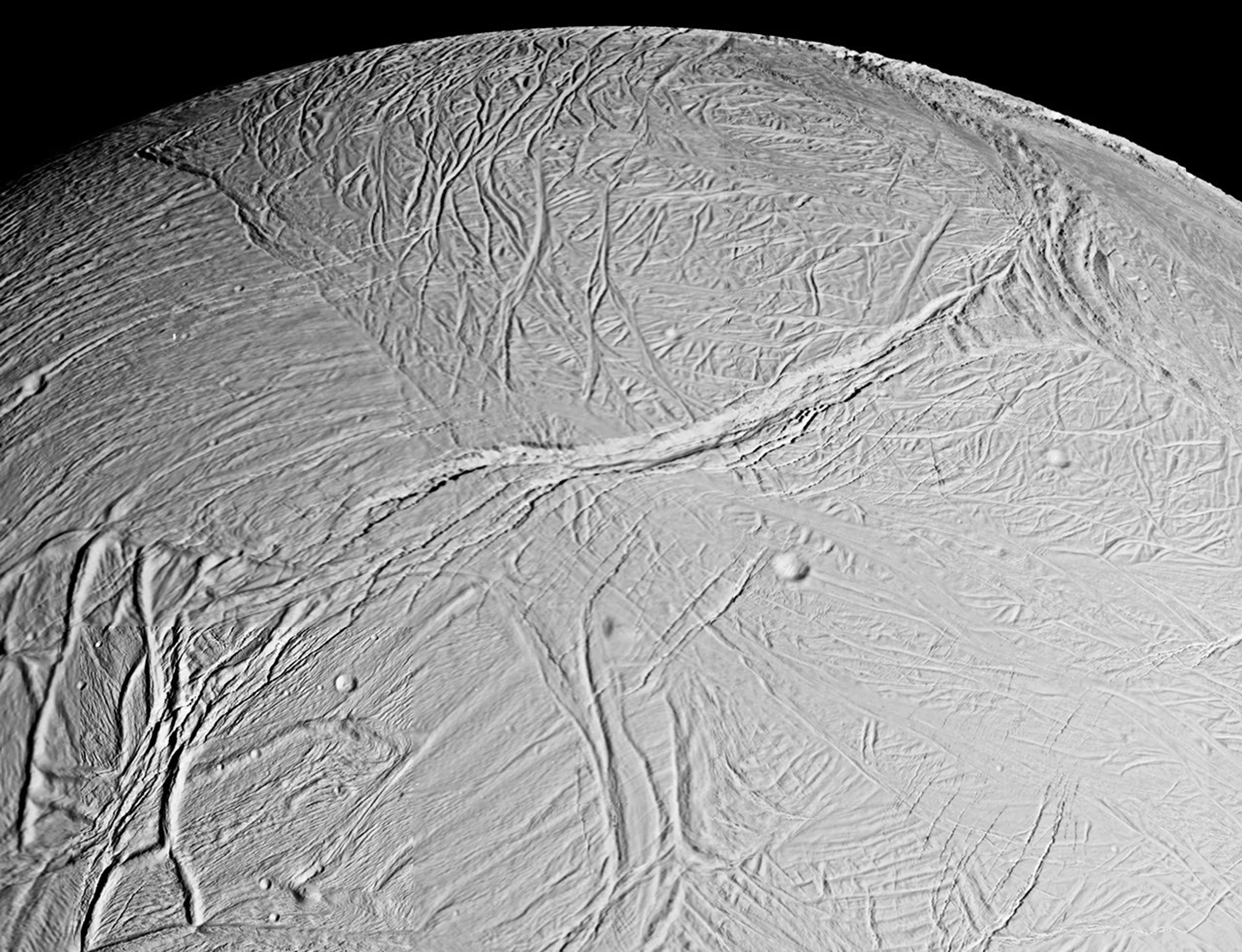 This spectacular view is a mosaic of four high resolution images taken by the NASA's Cassini spacecraft narrow angle camera on Feb. 16, 2005, during its close flyby of Saturn's moon Enceladus.