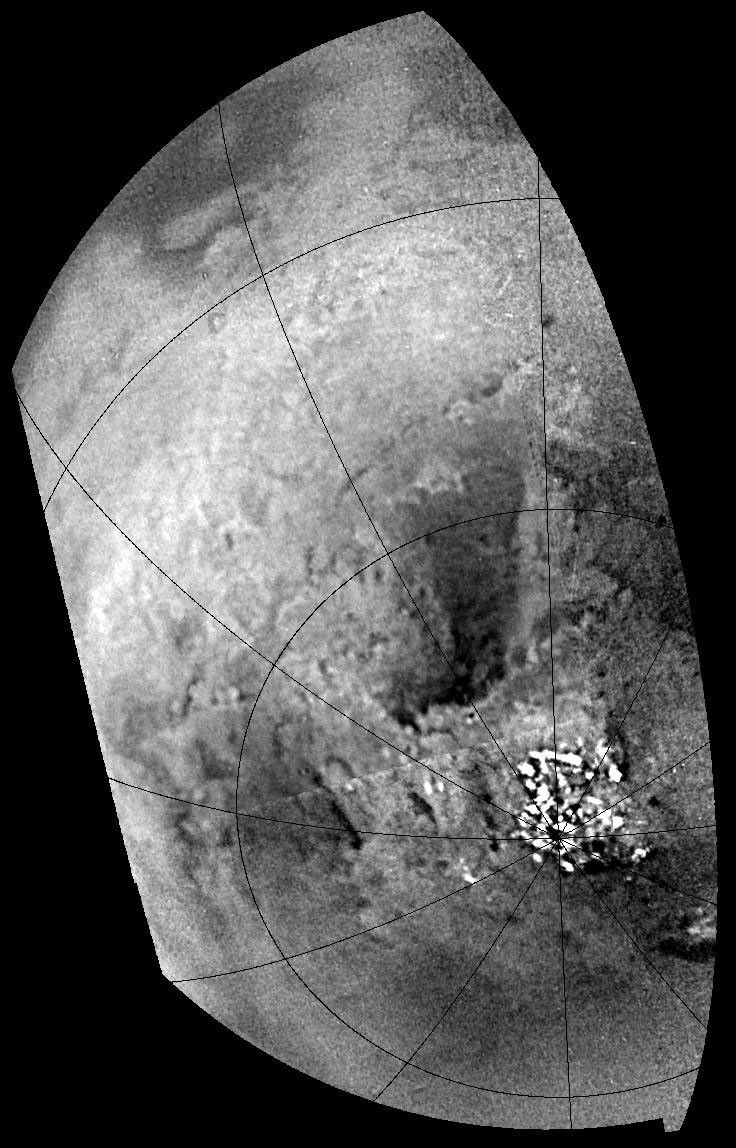 This mosaic of Titan's south polar region was acquired during NASA's Cassini spacecraft first and distant encounter with the smog-enshrouded moon on July 2, 2004.
