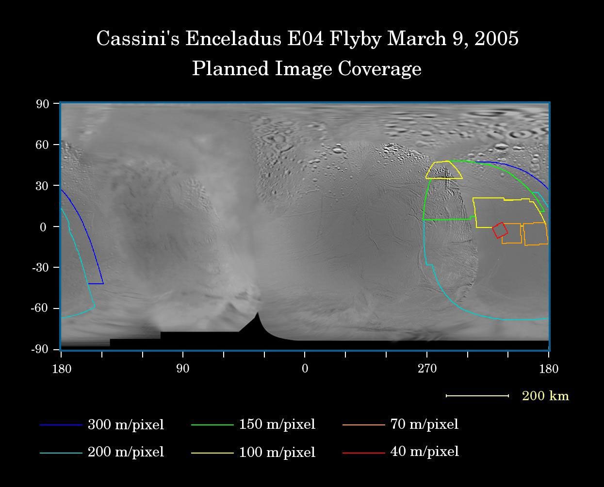 This map of the surface of Saturn's moon Enceladus illustrates the regions that will be imaged by NASA's Cassini spacecraft's second very close flyby on March 9, 2005.