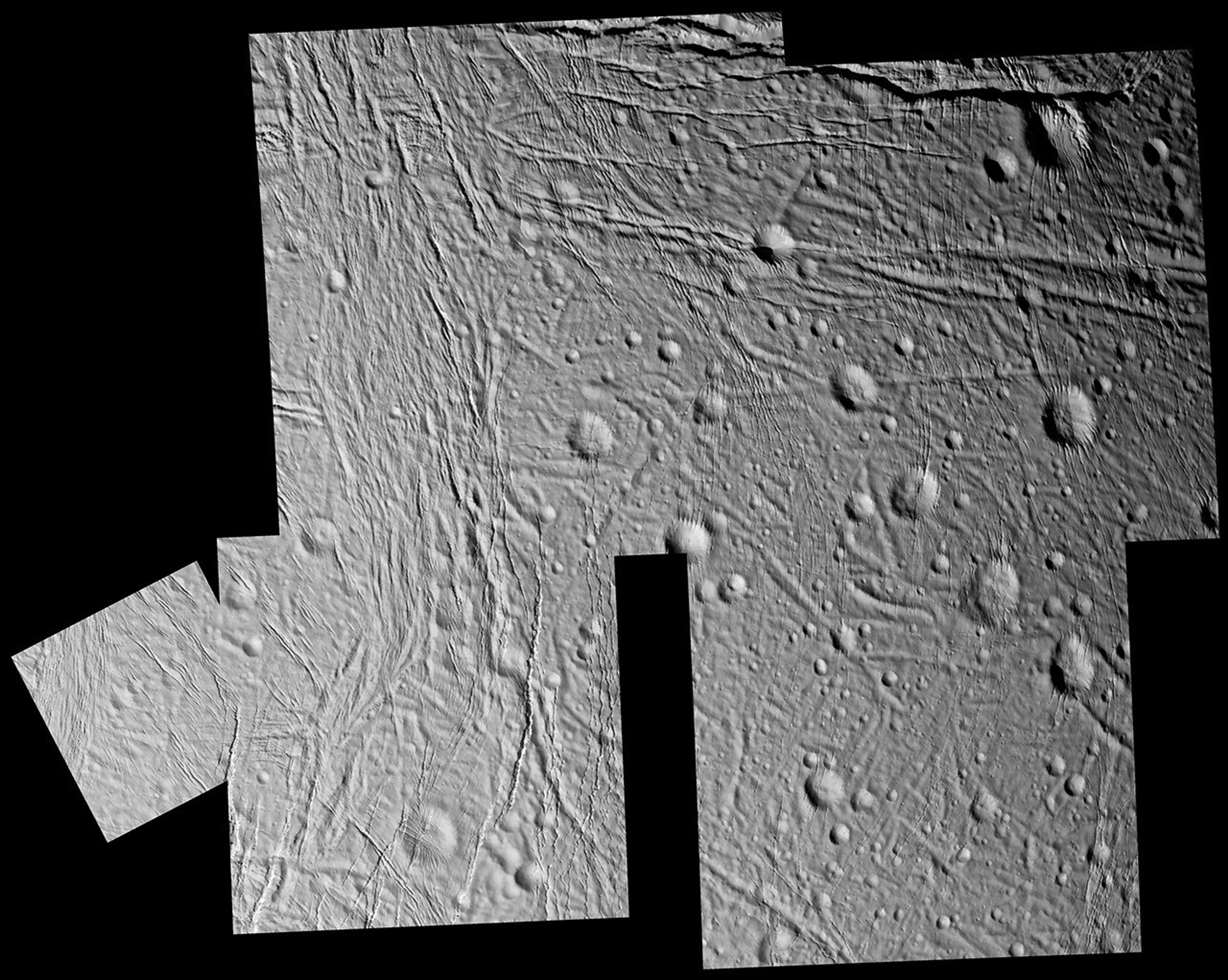 The complex history of Enceladus' surface is revealed in great detail in this mosaic of images taken by NASA's Cassini spacecraft during its closest encounter with this intriguing icy moon.