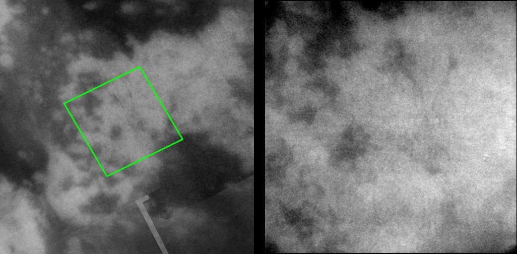 High-resolution images taken during NASA's Cassini spacecraft's close encounter with Titan on April 16, 2005, provide still more examples of the complicated relationships between the dark and bright materials on Titan's surface.