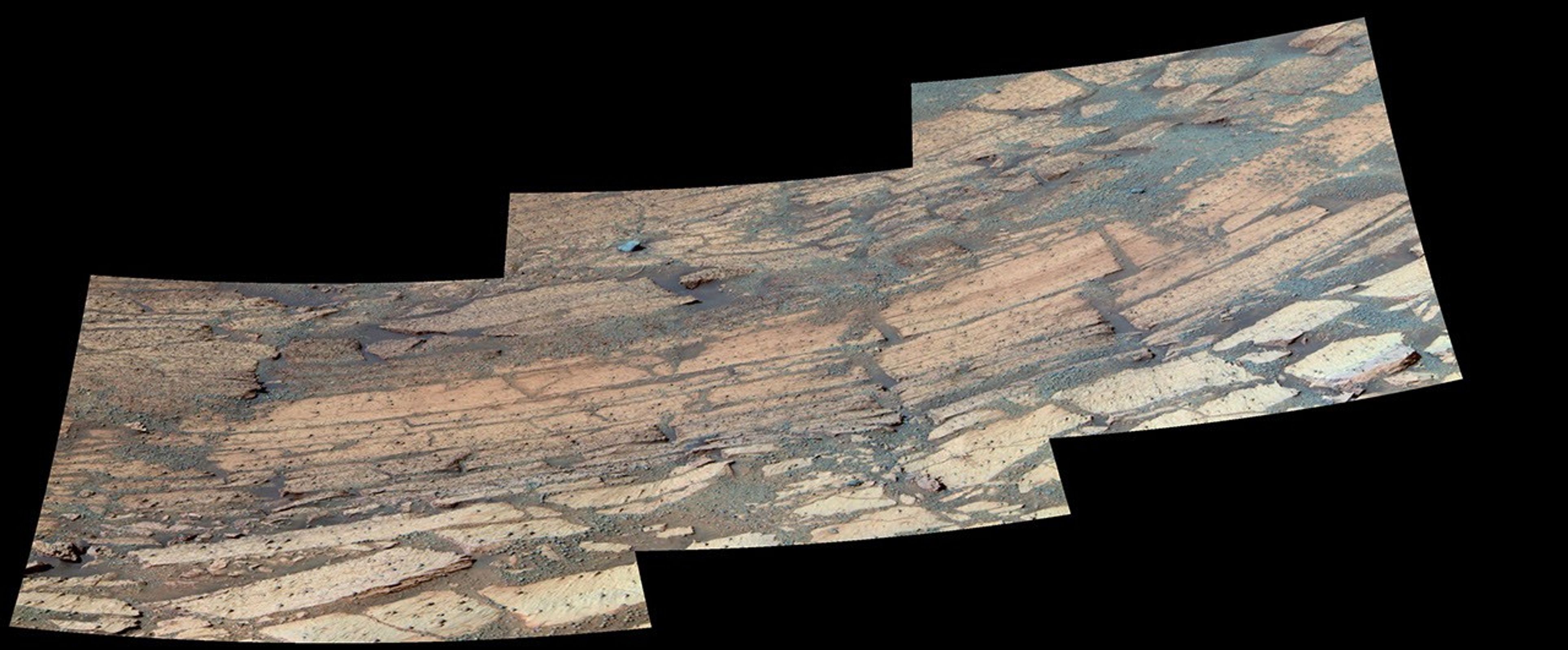 This image taken by NASA's Mars Exploration Rover Opportunity shows the slope of 'Endurance Crater' where the rover cut three holes. The shadow from the rover's camera mast is visible.