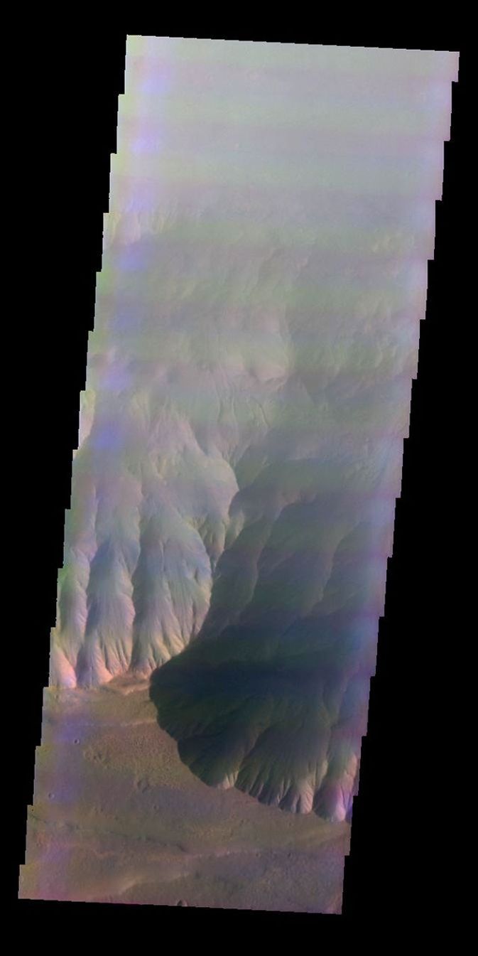 This false-color image released on June 4, 2004 from NASA's 2001 Mars Odyssey was collected March 12, 2003 during southern winter season. The image shows an area in the Coprates Chasma region on Mars.