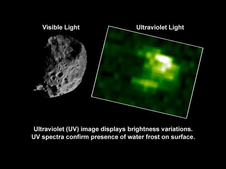 On the right, the ultraviolet image of Saturn's moon Phoebe, taken from a distance of 31,000 kilometers shows an irregular surface and bright crater region (white area). The image was taken by NASA's Cassini spacecraft.
