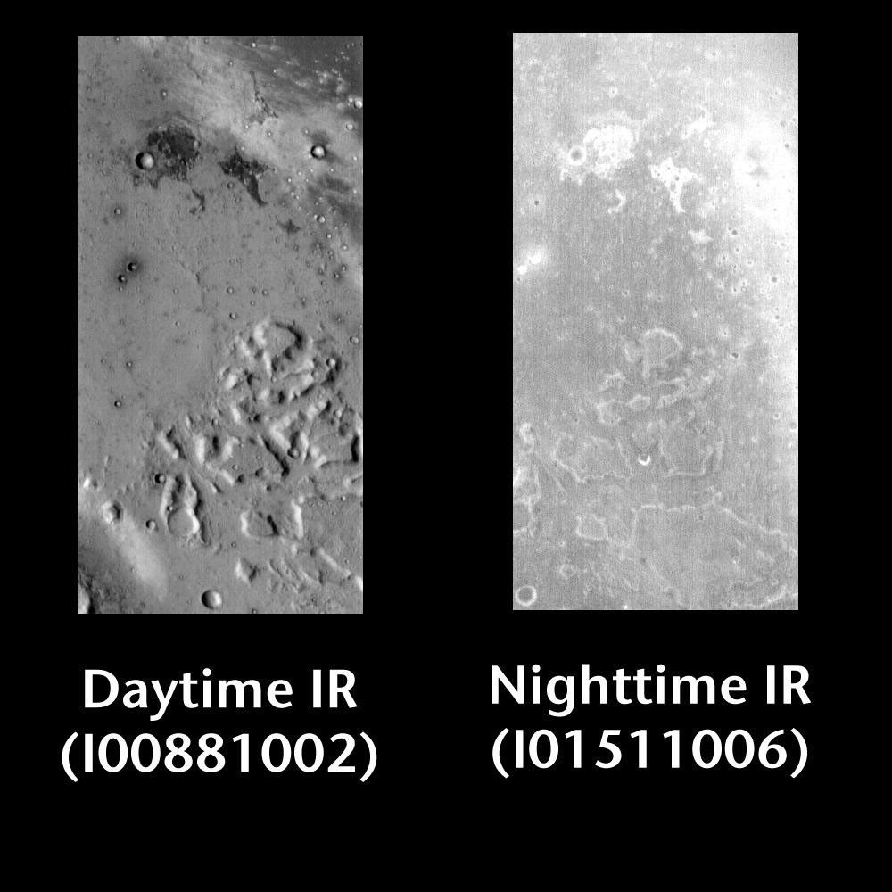 This pair of images released on June 23, 2004 from NASA's 2001 Mars Odyssey shows a comparison of daytime and nighttime of part of Gusev Crater on Mars.