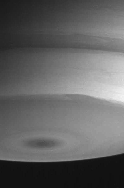 Structures in the turbulent cloud bands near Saturn's south pole are visible in this infrared view. This image was captured by NASA's Cassini spacecraft.