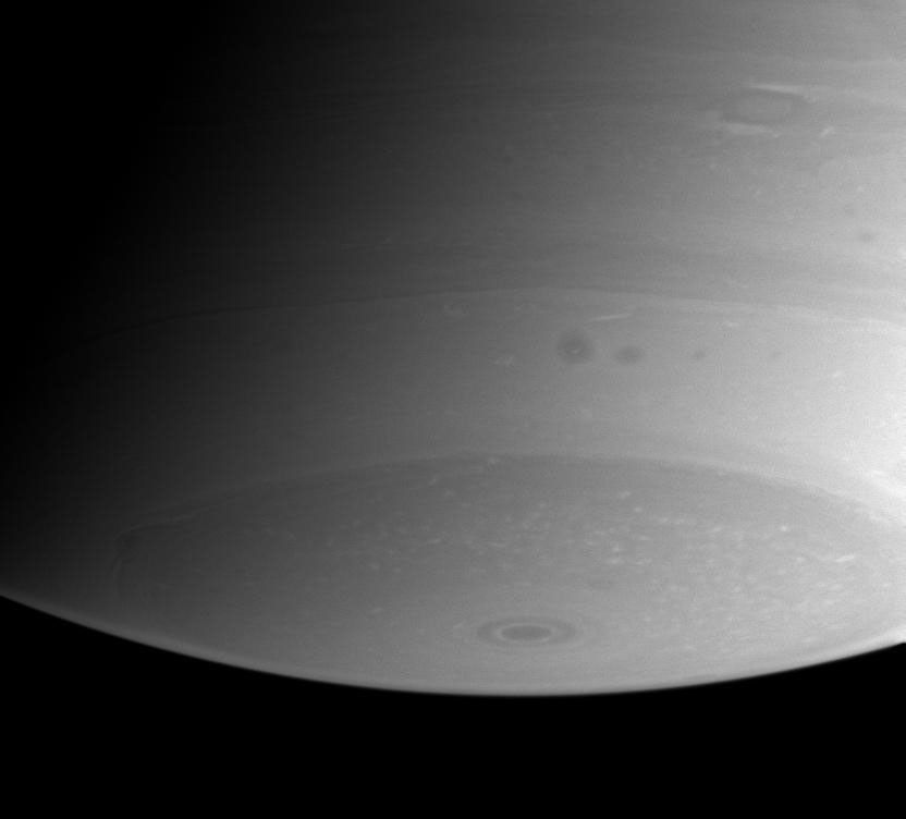 The region near Saturn's south pole shows a great deal of fascinating detail in this view from NASA's Cassini spacecraft.