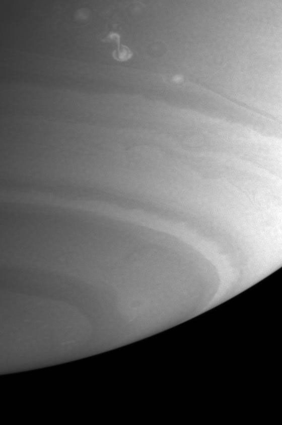 This image from NASA's Cassini spacecraft shows a bright storm that appeared in mid-September at the latitude of one of the rare westward jets on Saturn.