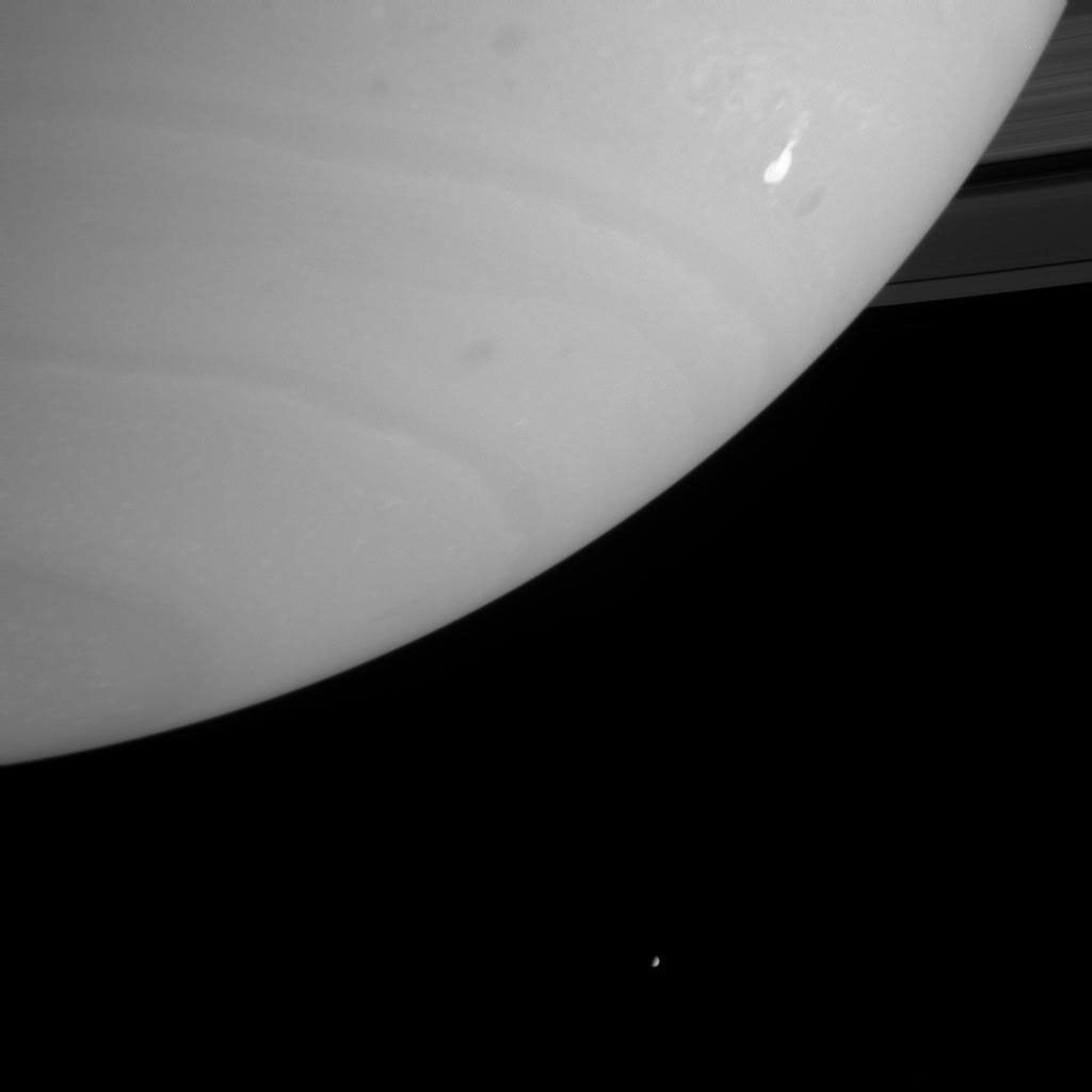 This image from NASA's Cassini spacecraft shows a bright storm that appeared in Saturn's southern hemisphere.