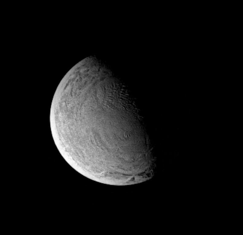 This image of Saturn's moon Enceladus from NASA's Cassini spacecraft shows a region containing bizarre, wrinkled terrain.