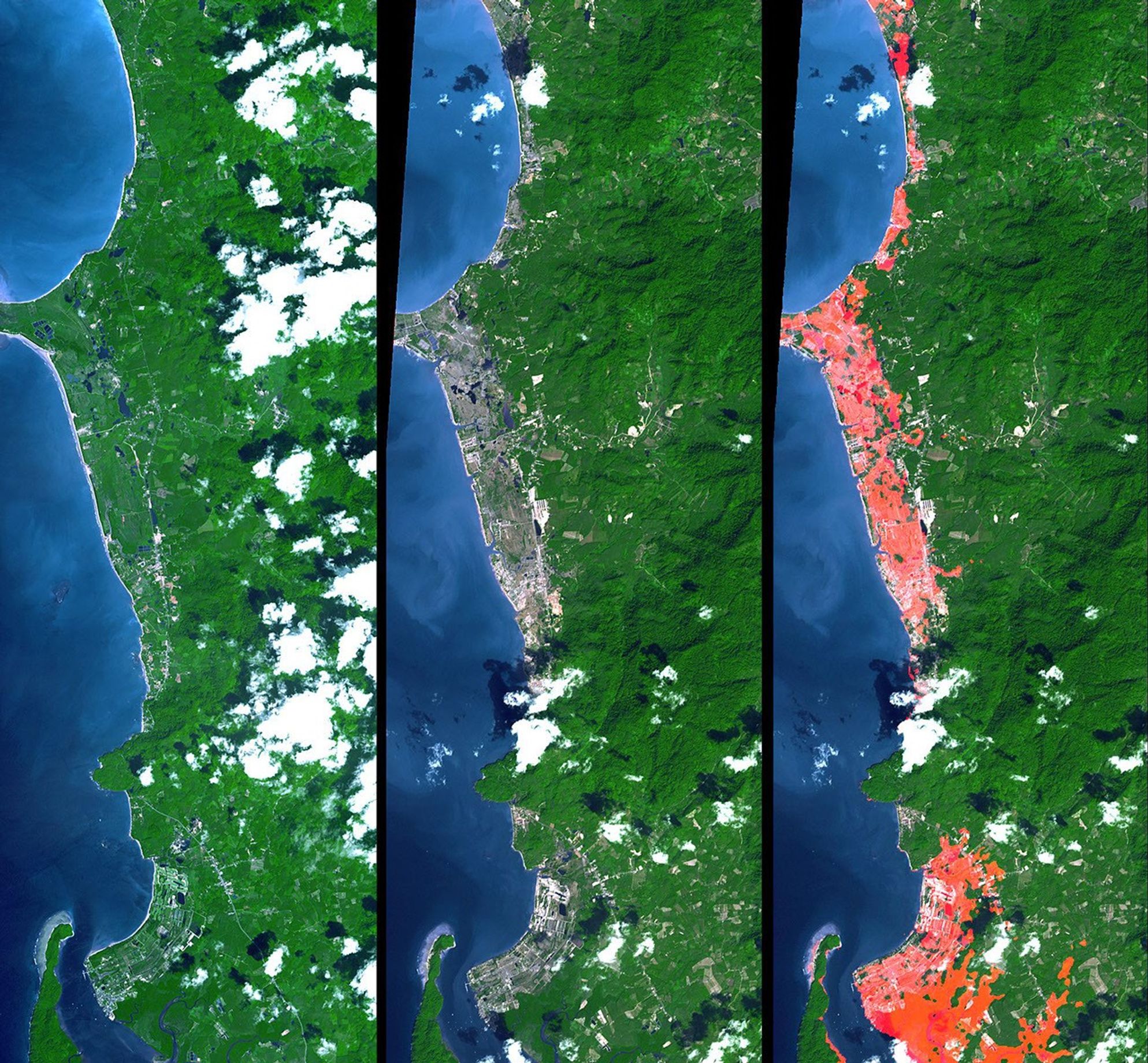 This image from NASA's Terra spacecraft shows the Indian Ocean coastline north of Phuket, Thailand is a major tourist destination that was in the path of the tsunami produced by a giant offshore earthquake on December 26, 2004.