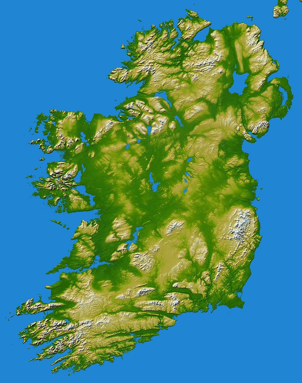 The island of Ireland comprises a large central lowland of limestone with a relief of hills surrounded by a discontinuous border of coastal mountains which vary greatly in geological structure as seen by NASA's Shuttle Radar Topography Mission.