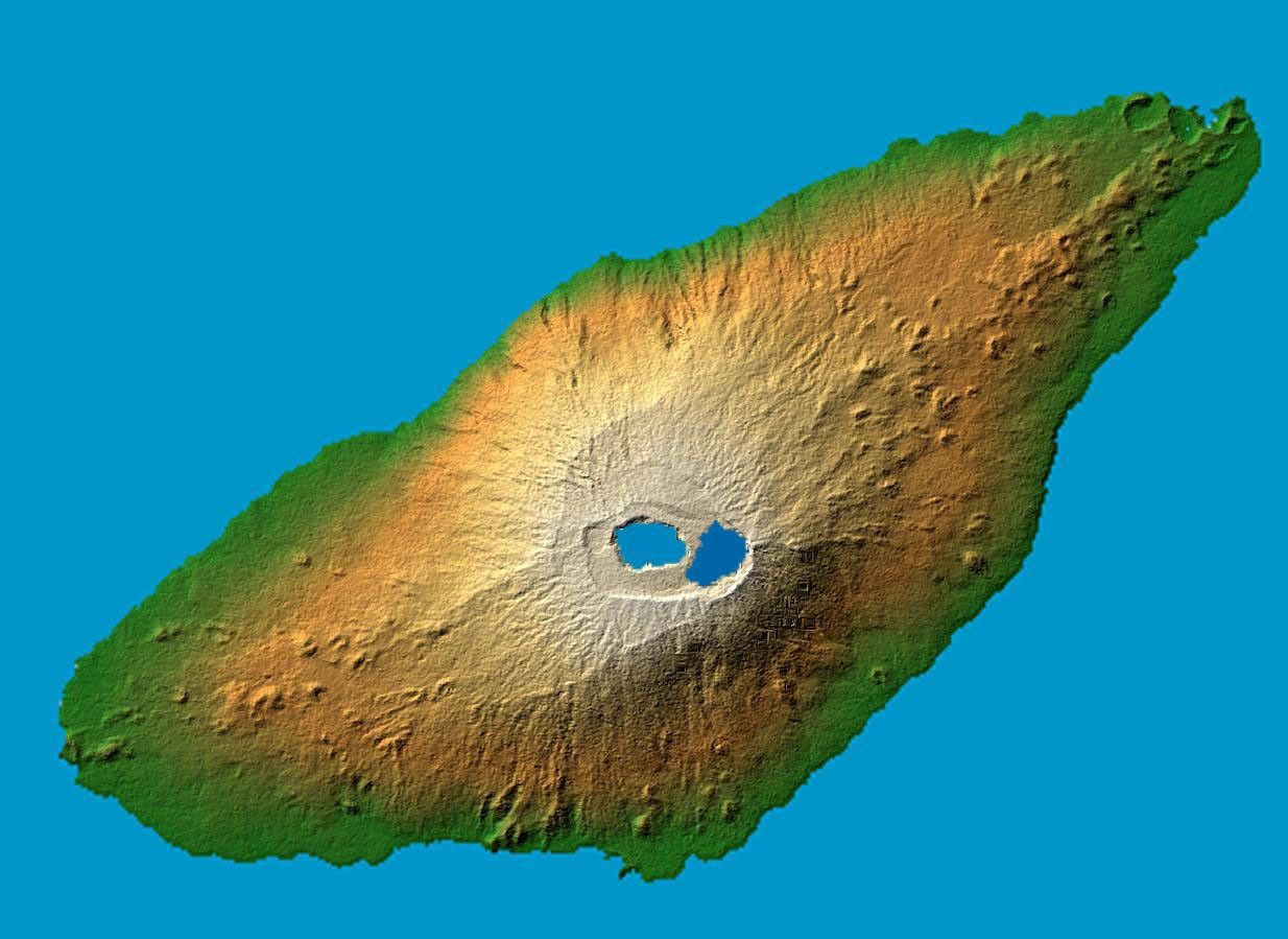 The recently active volcano Mt. Manaro is the dominant feature in this shaded relief image from NASA's Shuttle Radar Topography Mission of Ambae Island, part of the Vanuatu archipelago located 1400 miles northeast of Sydney, Australia.