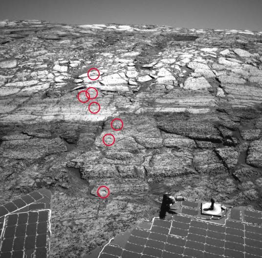 NASA's Mars Exploration Rover Opportunity's rock abrasion tool, known informally as the 'Rat,' has nibbled seven holes into the slope of 'Endurance Crater.'