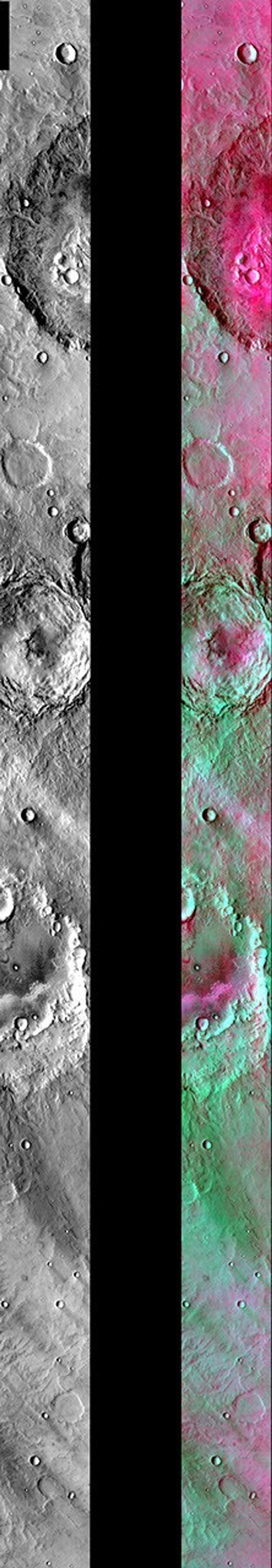 This image released on July 30, 2004 from NASA's 2001 Mars Odyssey shows a decorrelation stretch near Hesperia Planum. Pink/magenta colors usually represent basaltic dunes, cyan indicates the presence of water ice clouds, while green can represent dust.