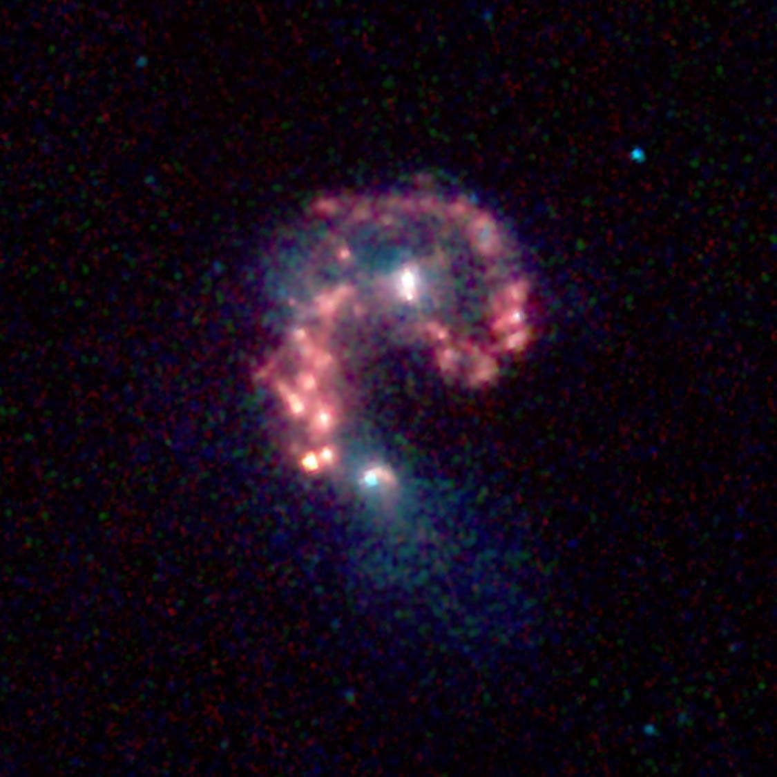 This false-color image from NASA's Spitzer Space Telescope reveals hidden populations of newborn stars at the heart of the colliding 'Antennae' galaxies. These two galaxies are known individually as NGC 4038 and 4039.