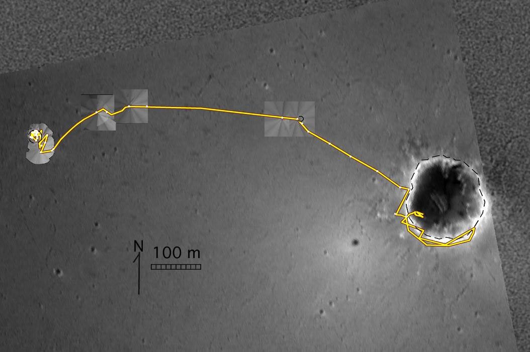 This map shows the traverse of NASA's Mars Exploration Rover Opportunity through the rover's 205th martian day, or sol on Aug. 21, 2004. Opportunity began its exploration inside 'Eagle' crater near the left edge of the map.