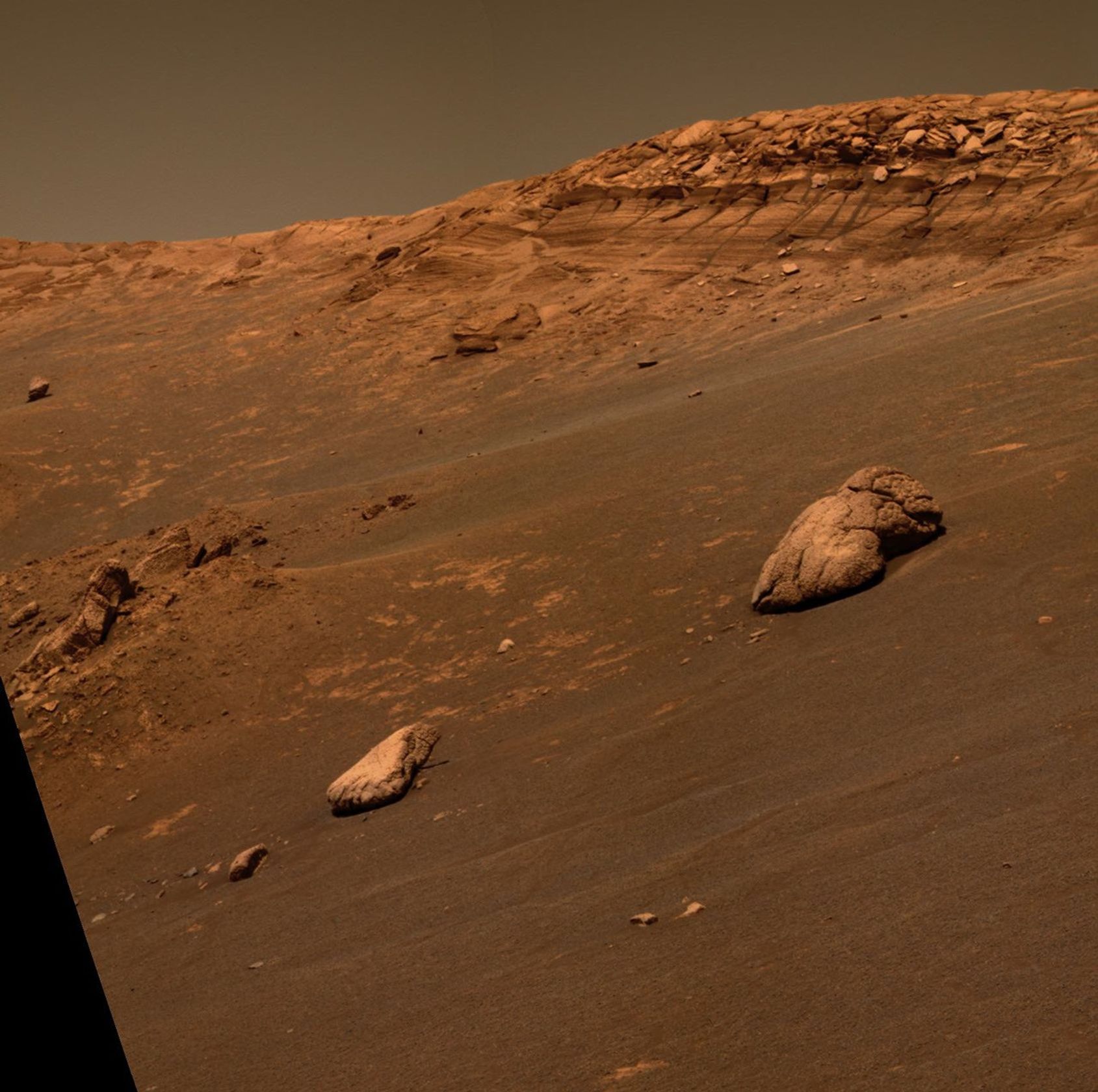 This approximate true-color image taken by NASA's Mars Exploration Rover Opportunity shows an unusual, lumpy rock informally named 'Wopmay' on the lower slopes of 'Endurance Crater' on Mars.