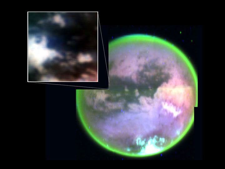 This image taken by NASA's Cassini spacecraft's visual and infrared mapping spectrometer clearly shows surface features on Titan. It also shows the landing site of Cassini's piggybacked Huygens probe.