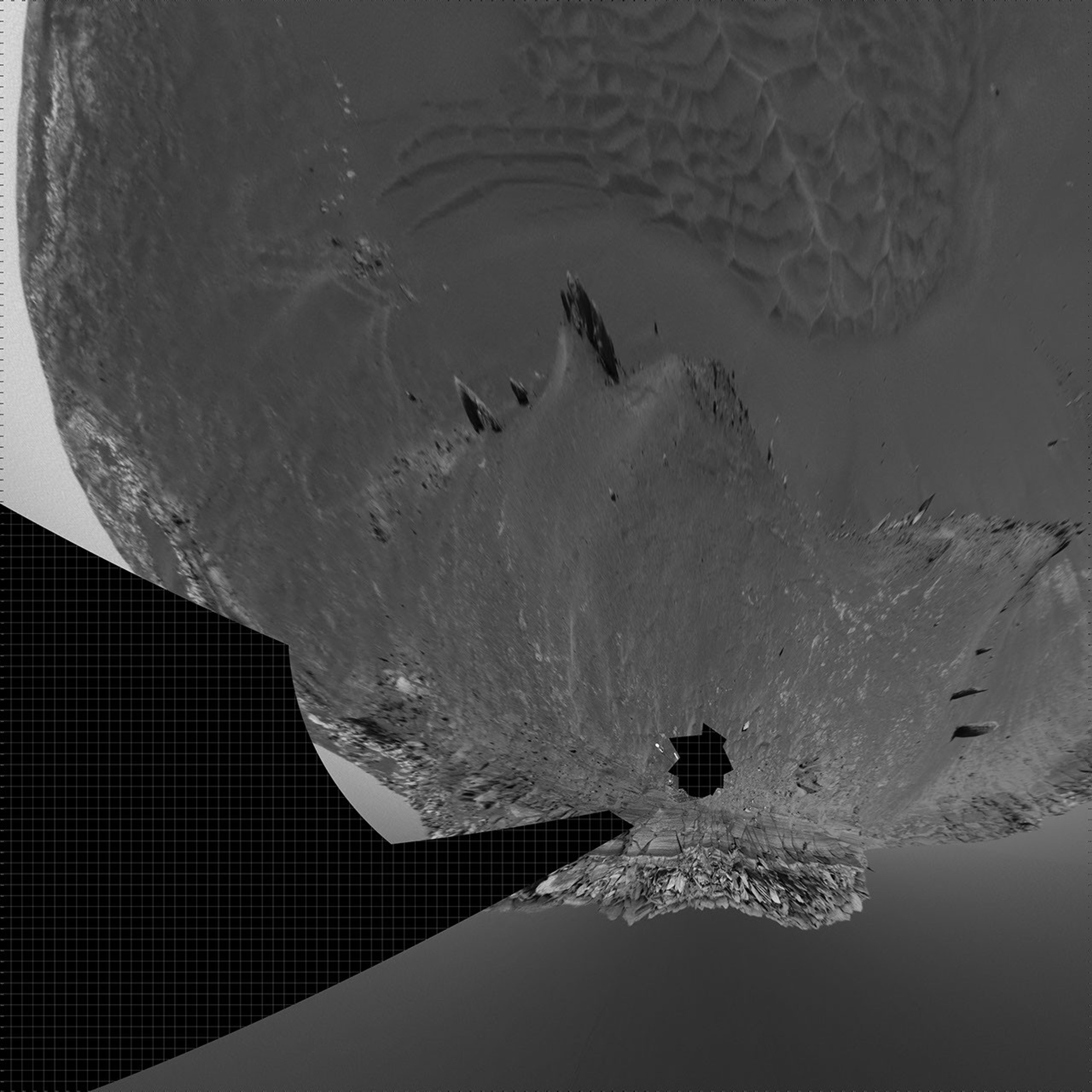 This vertical projection view from NASA's Mars Exploration Rover Opportunity shows 'Burns Cliff,' a portion of the inner wall of 'Endurance Crater' on Mars. This view shows rock layers in the wall.