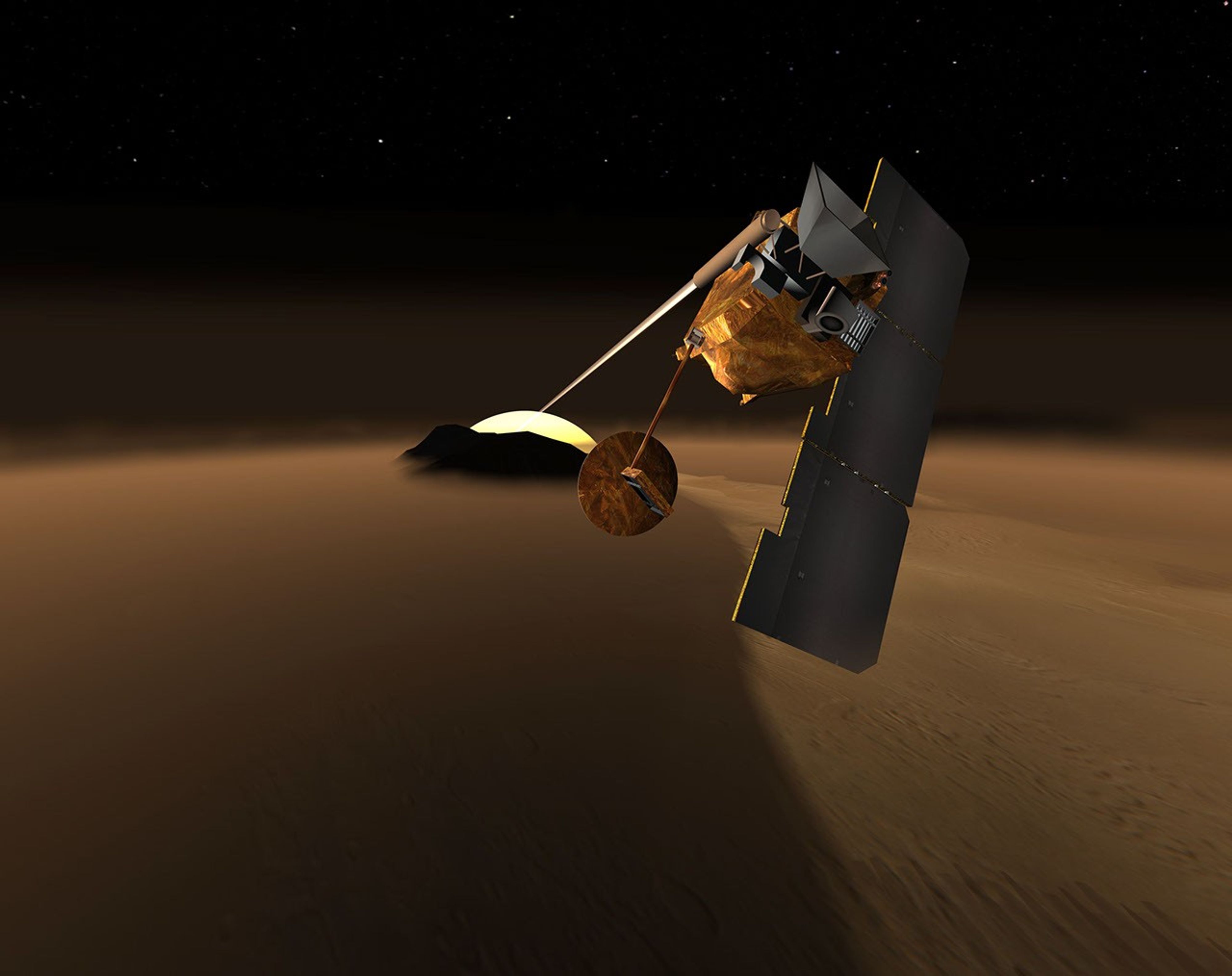 This artist's rendition depicts a concept for NASA's Mars orbiter that would scrutinize the martian atmosphere for chemical traces of life or environments supportive of life that might be present anywhere on the planet.