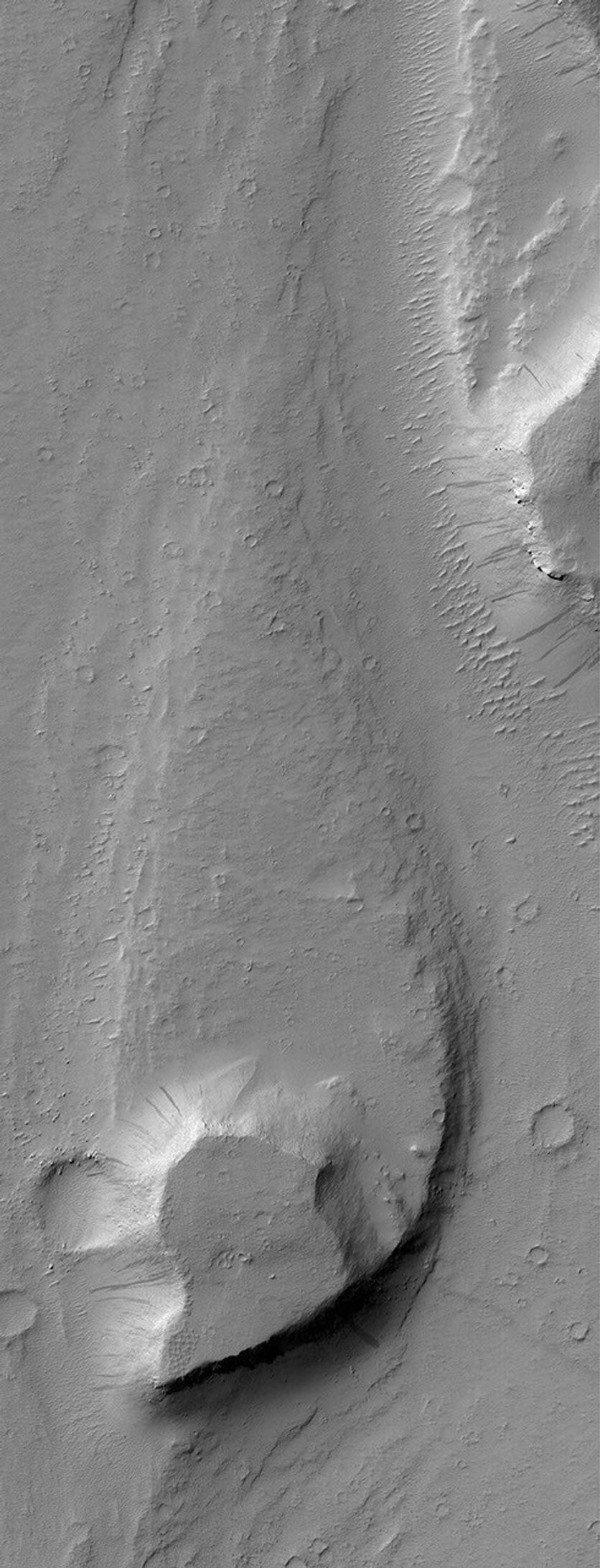NASA's Mars Global Surveyor shows a streamlined landform in the Mangala Valles region of Mars. An ancient catastrophic flood, probably consisting of water and debris, ran northward.