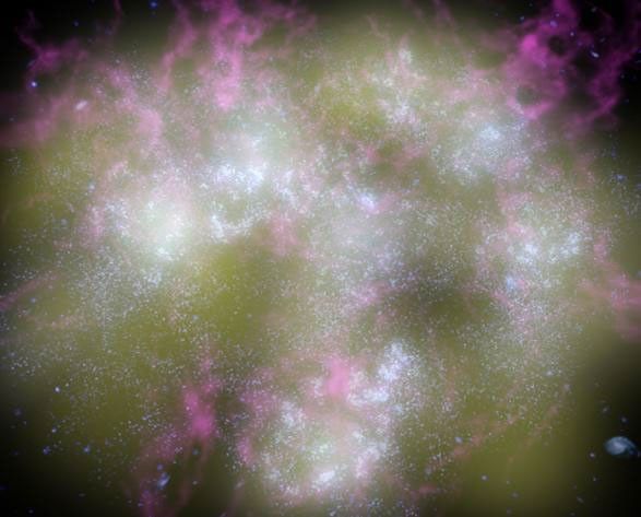 This artist's concept shows a typical young galaxy, teeming with hot, newborn stars and exploding supernovas. The supernovas are seen as white flashes of light.