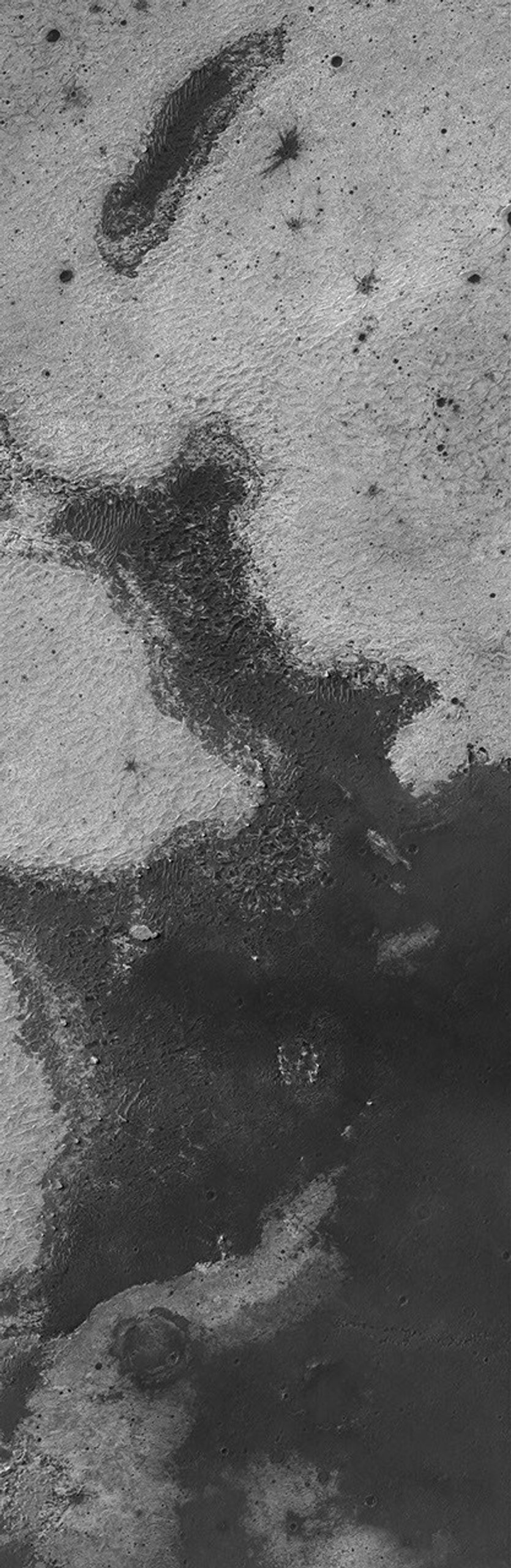 NASA's Mars Global Surveyor shows light-toned, layered, sedimentary rock that occur just beneath the dark plains of Sinus Meridiani on Mars.