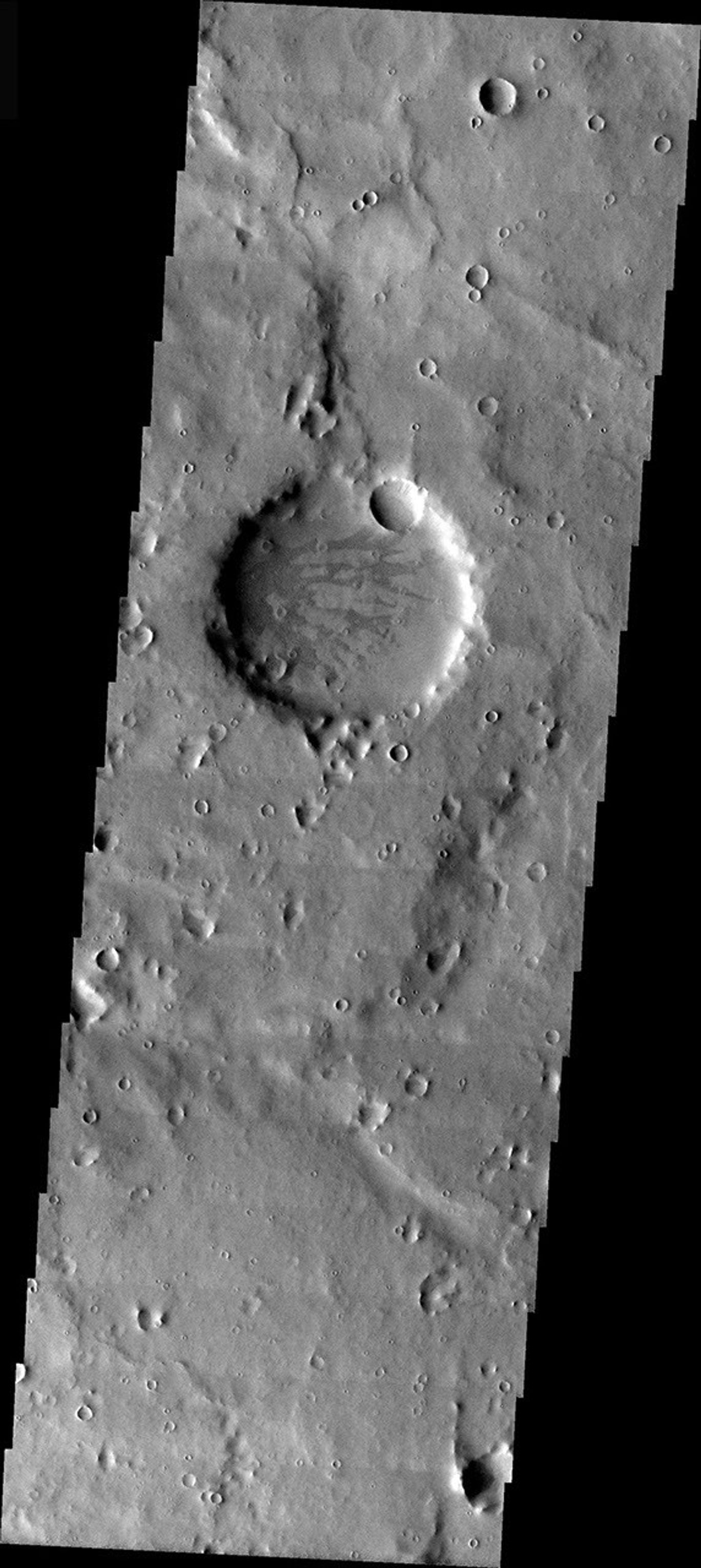 This image from NASA's Mars Odyssey shows a large crater on Mars, older than all the smaller craters around it from the region near Naktong Vallis. The crater no longer has any visible rim or ejecta, and is simply a circular smooth floored basin.