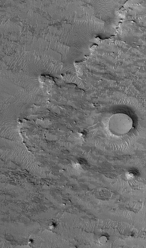 NASA's Mars Global Surveyor shows an eroded landscape occurring west of Sinus Meridiani on Mars. The bedrock at this location is buried beneath a mantle of dust, sand, and granules. Two circular mesas were once meteor impact craters.