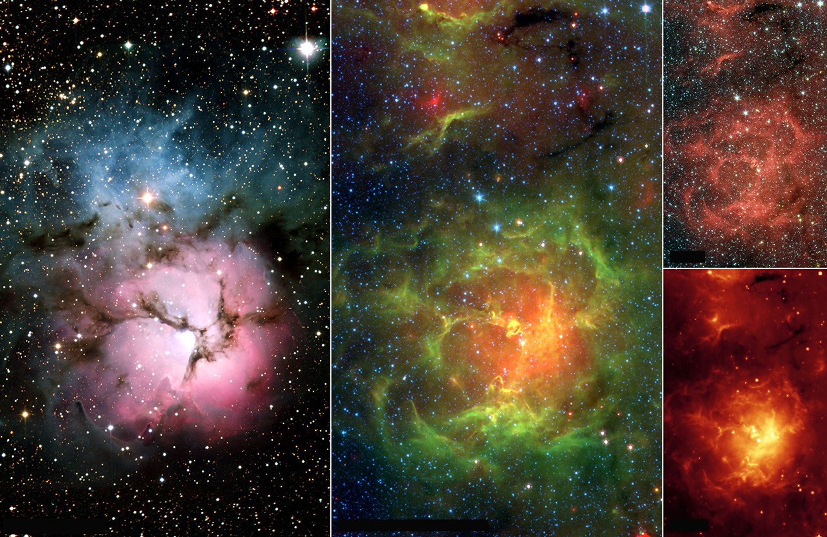 The Trifid Nebula is a giant star-forming cloud of gas and dust located 5,400 light-years away in the constellation Sagittarius, seen here by NASA's Spitzer Space Telescope.