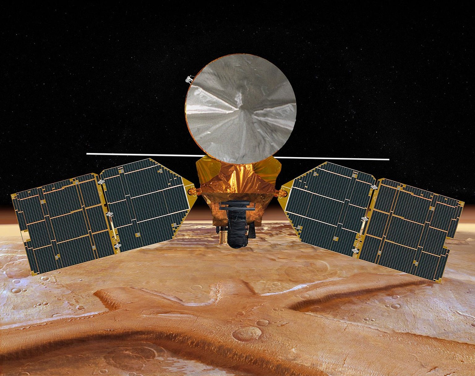 This artist's concept of NASA's Mars Reconnaissance Orbiter features the spacecraft's main bus facing down, toward the red planet.