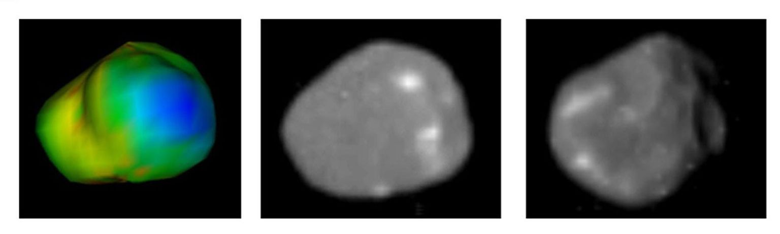 These images of Jupiter's moon Amalthea were taken with NASA's Galileo and Voyager spacecraft. Amalthea is almost pure water ice, hinting that it may not have formed where it now orbits.