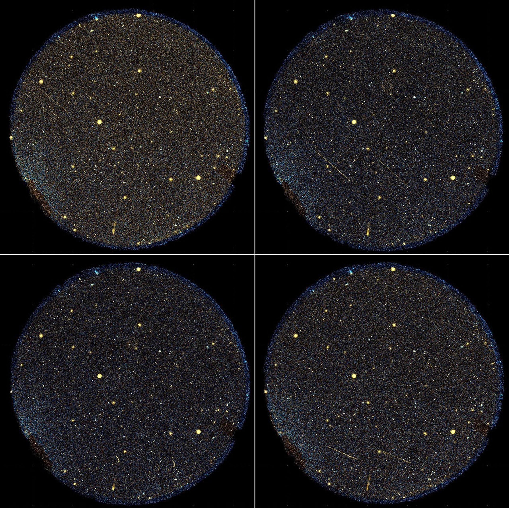A group of six streaking objects, the identities of which remain unknown, can be seen here flying across the telescope's sight in this image from NASA's Galaxy Evolution Explorer.