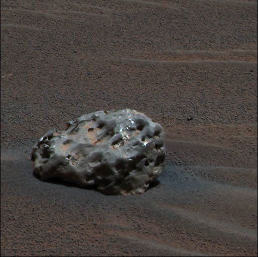 On Jan. 6, 2005, NASA's Mars Exploration Rover Opportunity found an iron meteorite on Mars, the first meteorite of any type ever identified on another planet. The pitted, basketball-size object is mostly made of iron and nickel.