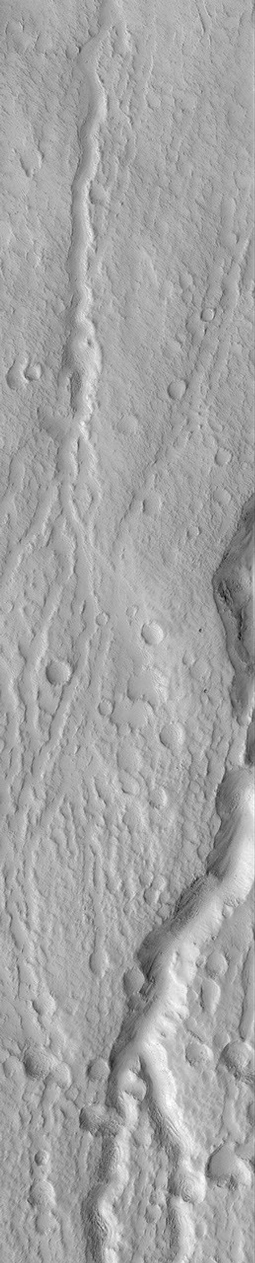 NASA's Mars Global Surveyor shows narrow channels and small impact craters on the north flank of the Elysium volcano, Hecates Tholus on Mars.