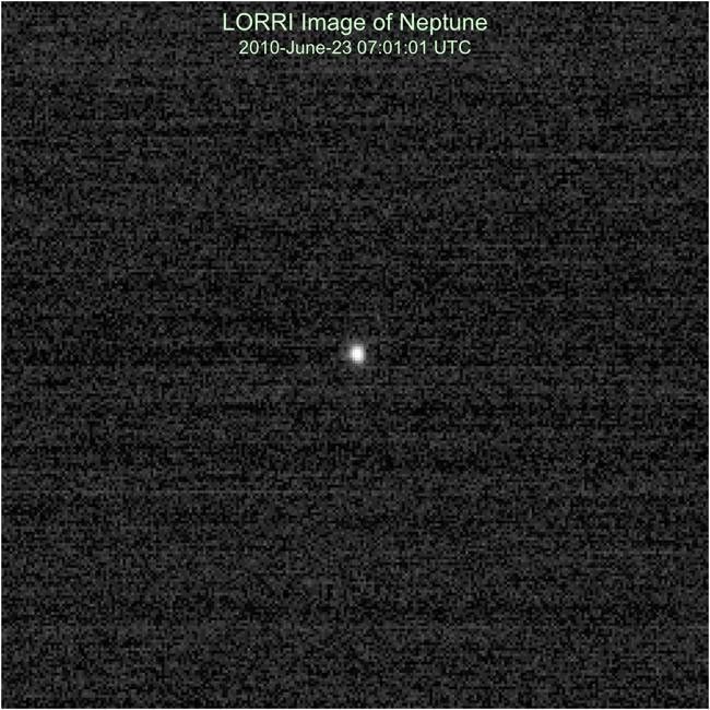 NASA's New Horizons Long Range Reconnaissance Imager (LORRI) observed Neptune on June 23, apl2010, as part of a test of the critical optical navigation Annual Checkout (ACO)-4.