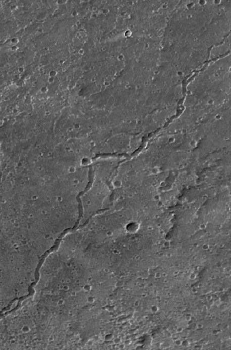 NASA's Mars Global Surveyor shows a lava channel on the northeastern summit of Ascraeus Mons on Mars.