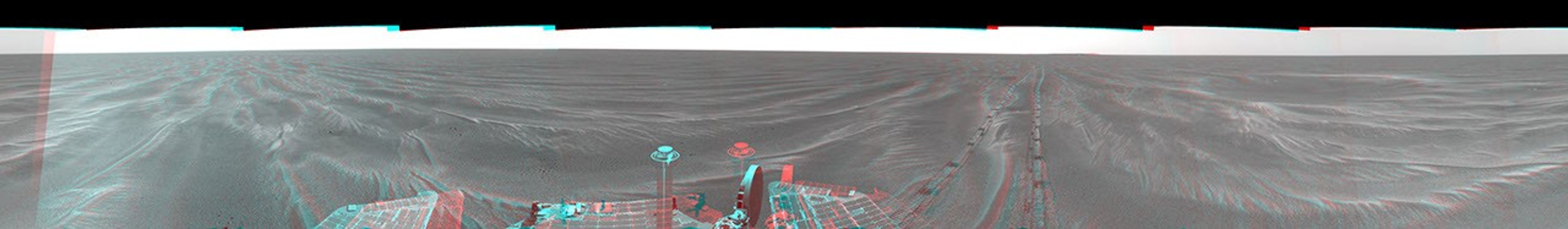 NASA's Mars Exploration Rover Opportunity arrived at this location close to a small crater dubbed 'Alvin' on Feb. 18 & 19, 2005. 3D glasses are necessary to view this image.