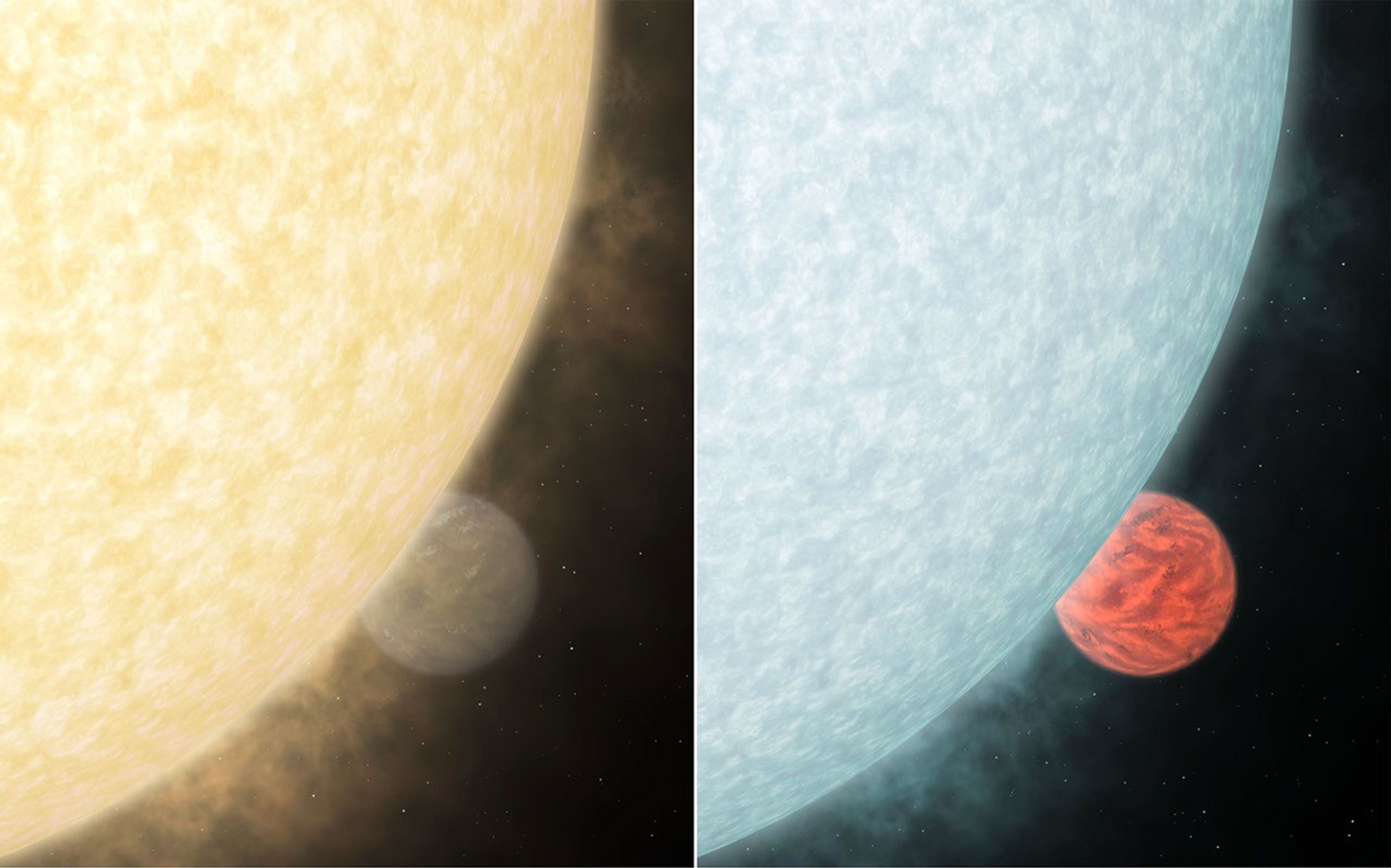 This artist's concept shows what a fiery hot star and its close-knit planetary companion might look close up if viewed in visible and infrared light .