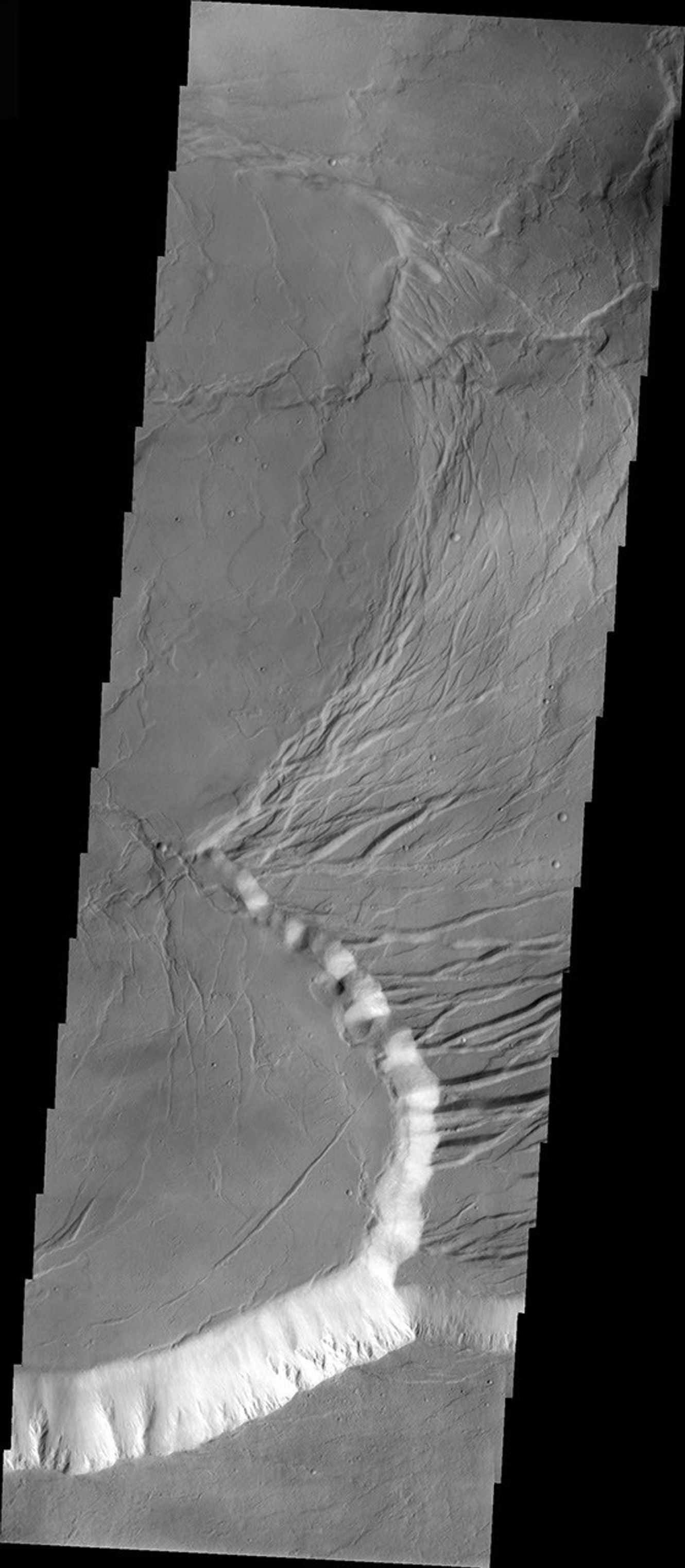 This image taken by NASA's Mars Odyssey shows part of the caldera at the summit of Olympus Mons, a huge volcano on Mars. The arcuate (curved) fractures seen on the right side of the caldera floor were likely formed when later eruptions occurred.