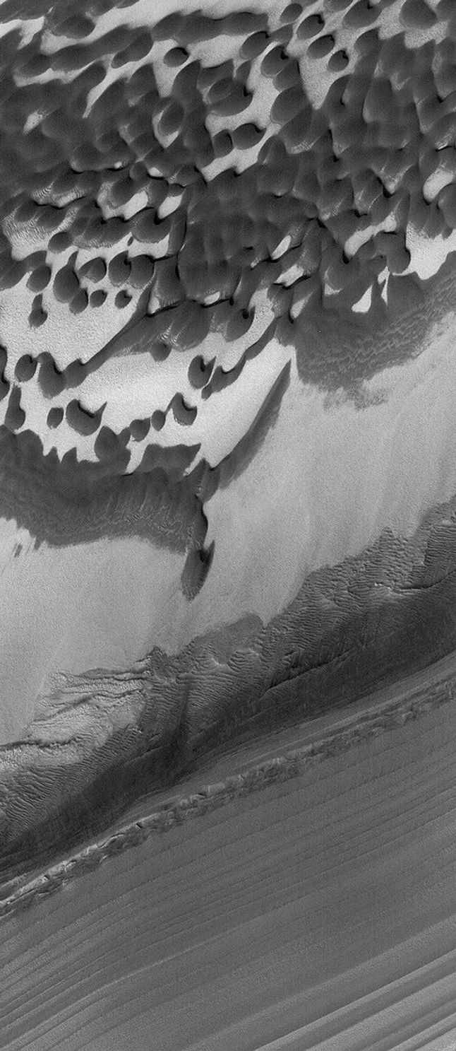 This Mars Global Surveyor (MGS) Mars Orbiter Camera (MOC) image shows layers and dunes in Chasma Boreale, a large depression in the north polar region.