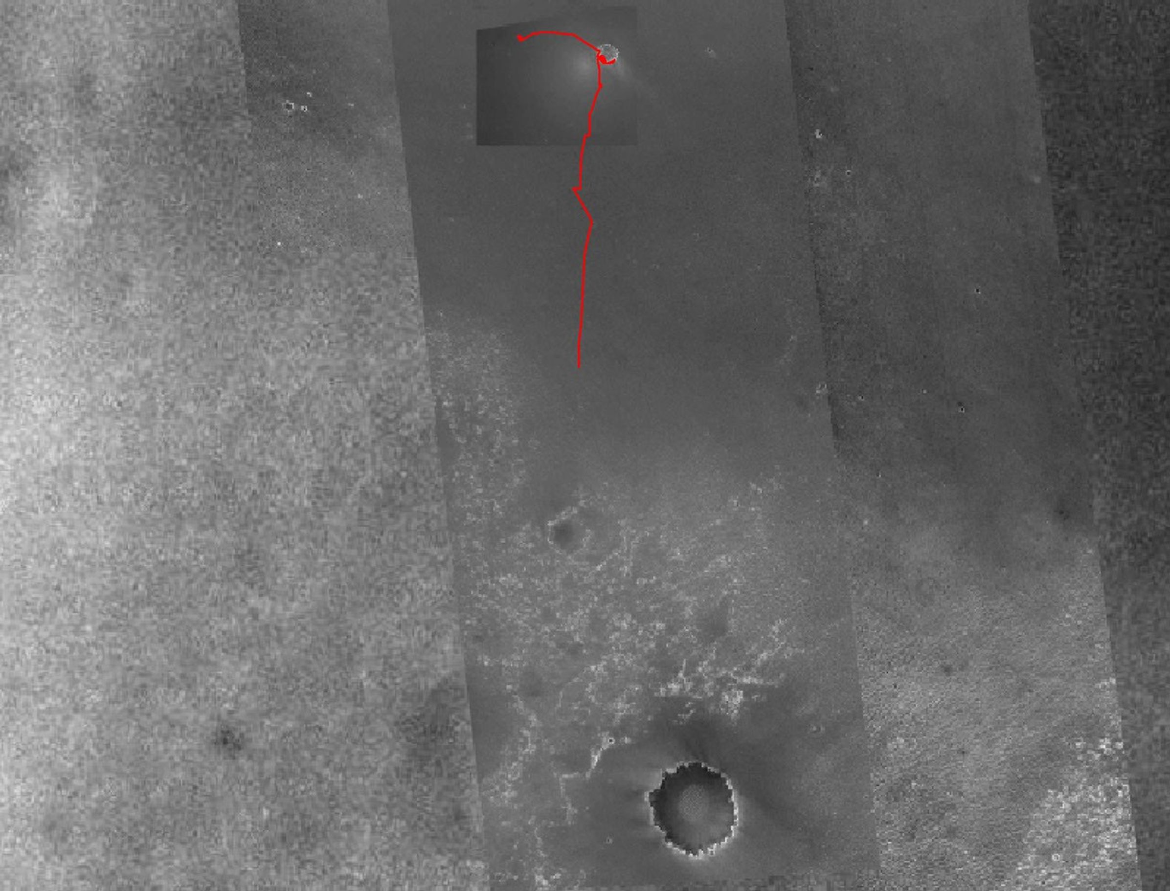The red line on this image traces NASA's Mars Exploration Rover Opportunity's route as of March 23, 2005.