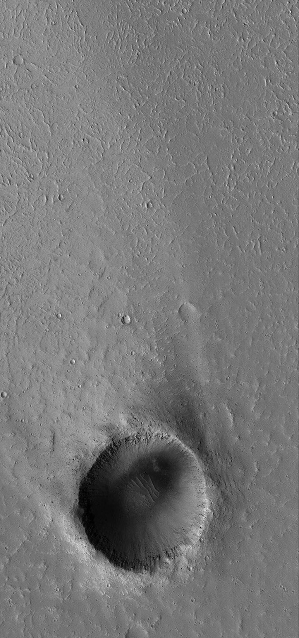 NASA's Mars Global Surveyor shows a crater on Mars with a bright wind streak.