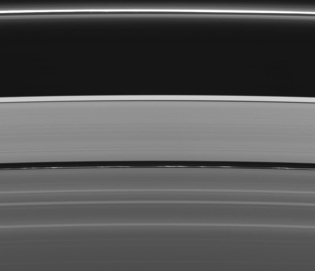 This view of Saturn's rings captured by NASA's Cassini spacecraft reveals not one but two of the four narrow ringlets in the Encke Gap (325 kilometers, or 200 miles, wide). The innermost of the two ringlets is much brighter and full of clumps.